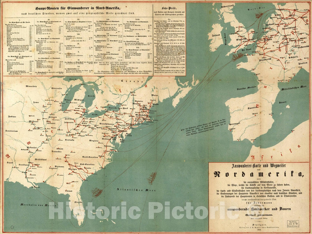 Map : Immigration from Europe to the United States 1853, Auswanderer-karte und wegweiser nach Nordamerika., Antique Vintage Reproduction