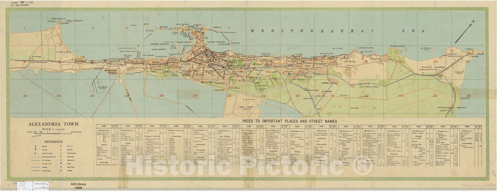 Map : Alexandria, Egypt 1951 2, Guide plan of Alexandria, Antique Vintage Reproduction