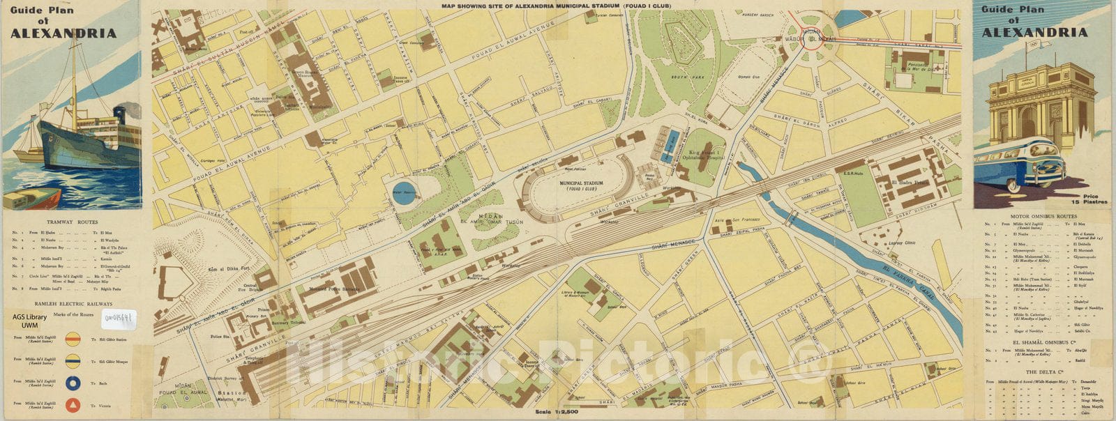 Map : Alexandria, Egypt 1951 1, Guide plan of Alexandria, Antique Vintage Reproduction