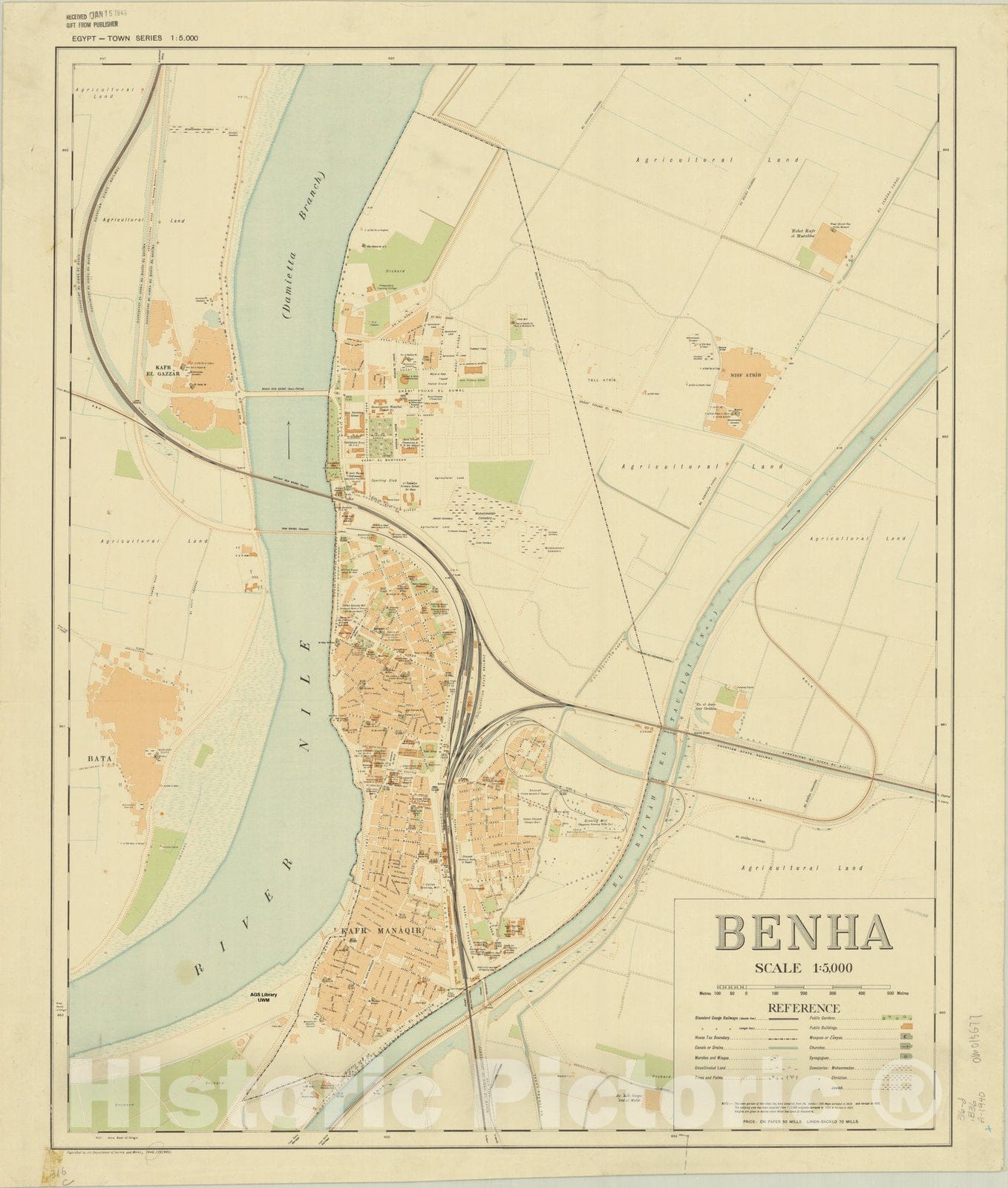 Map : Benha, Egypt 1940, Egypt town series. Benha., Antique Vintage Reproduction