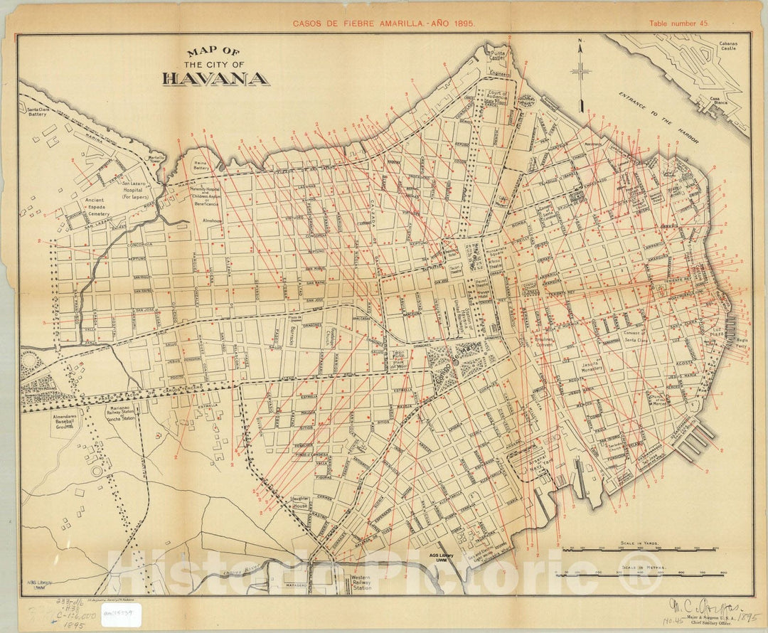 Map : Havana, Cuba 1900, Map of the city of Havana : Casos de fiebre amarilla, ano 1895 , Antique Vintage Reproduction