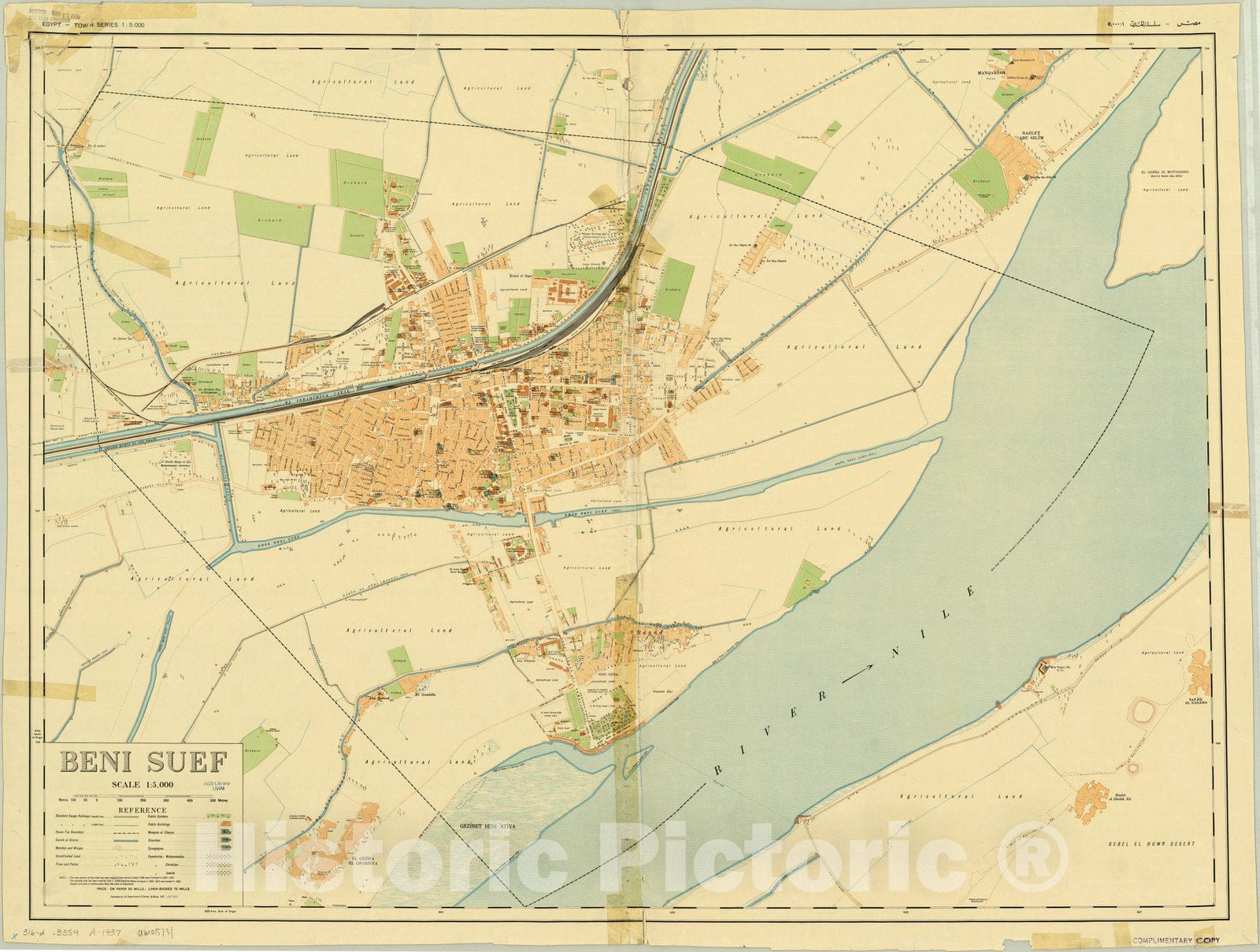 Map : Beni Suef, Egypt 1937, Egypt town series 1:5,000. Beni Suef., Antique Vintage Reproduction