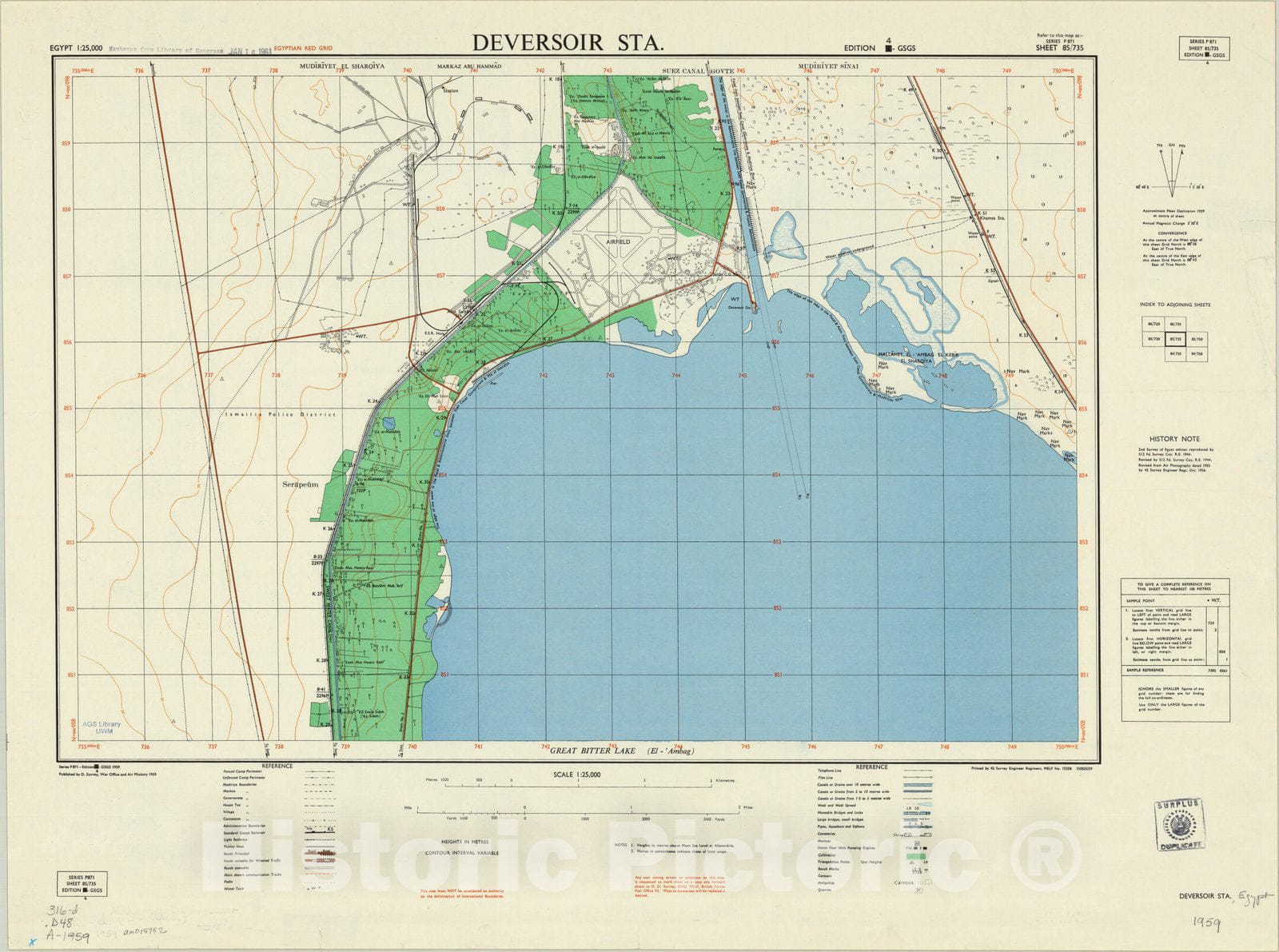 Map : Deversoir Station, Egypt 1944, Egypt 1:25,000 Deversoir Sta. sheet 85, Antique Vintage Reproduction