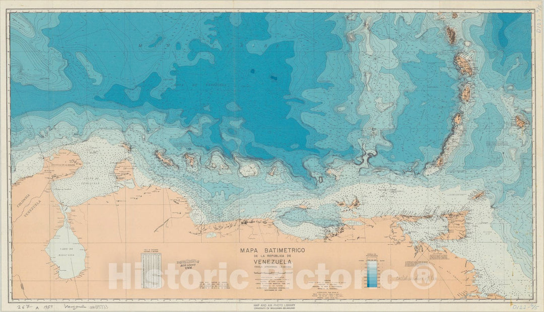 Map : Venezuela 1959, Mapa batimetrico de la Republica de Venezuela , Antique Vintage Reproduction