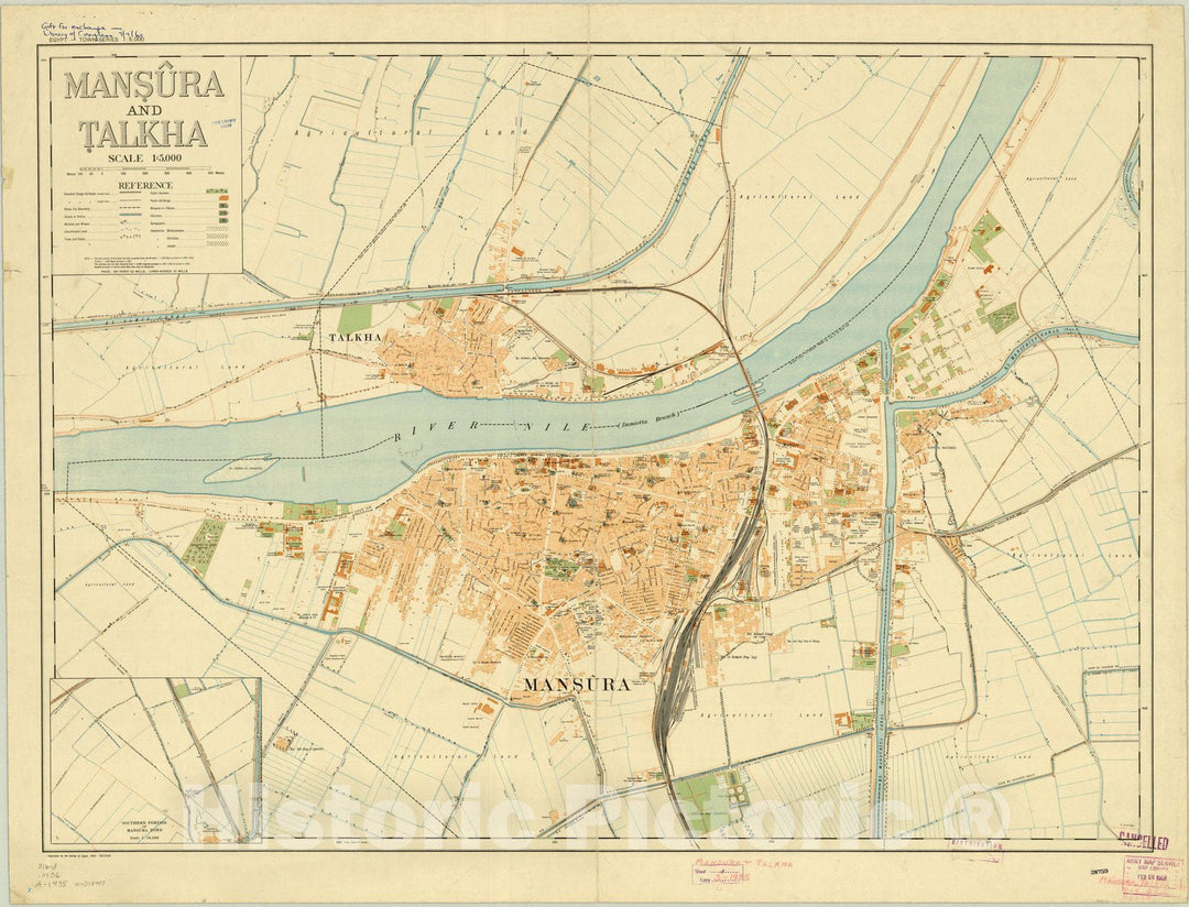 Map : Mans?u?ra and T?alkha, Egypt 1935, Egypt town series 1:5,000. Mans?u?ra and T?alkha, Antique Vintage Reproduction