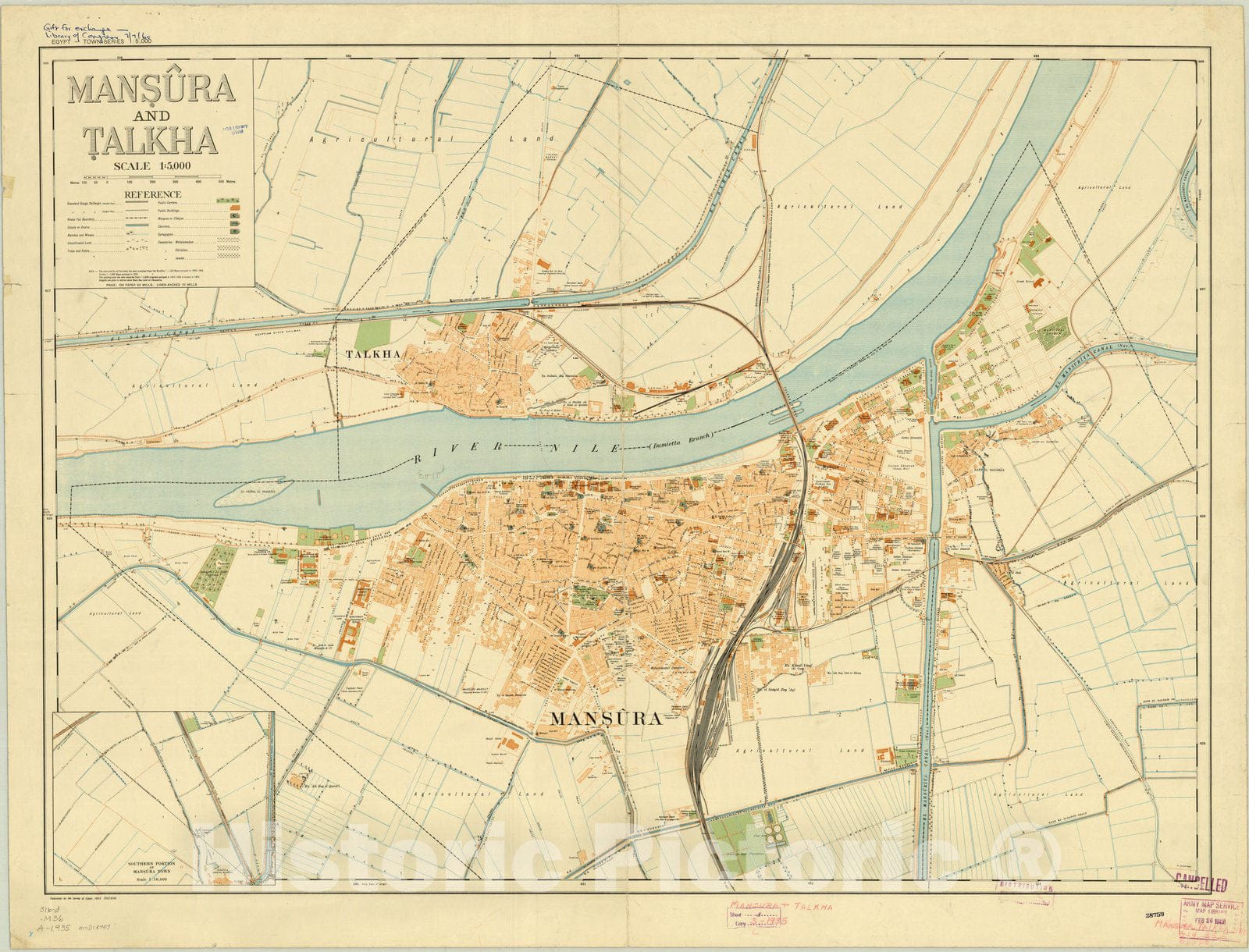 Map : Mans?u?ra and T?alkha, Egypt 1935, Egypt town series 1:5,000. Mans?u?ra and T?alkha, Antique Vintage Reproduction