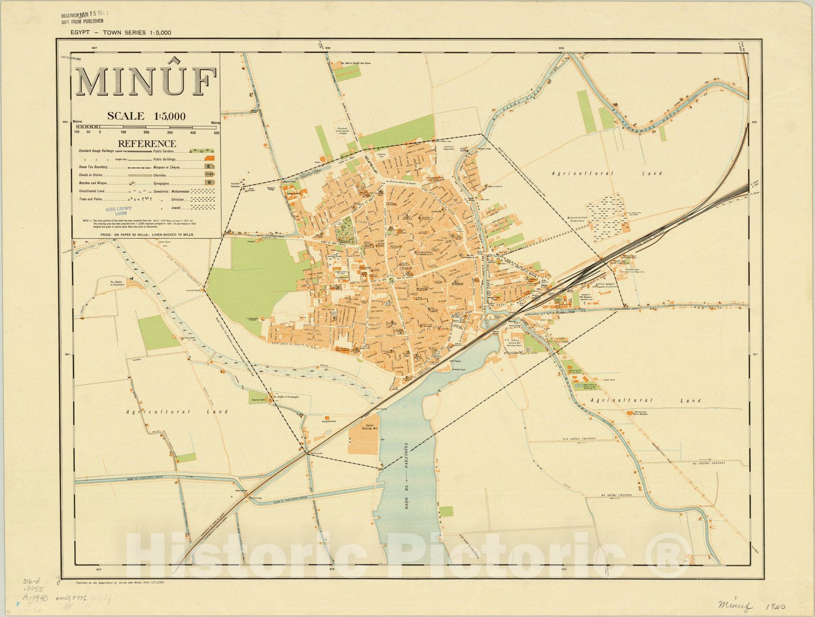 Map : Minu?f, Egypt 1940, Egypt town series 1: 5,000. Minuf., Antique Vintage Reproduction