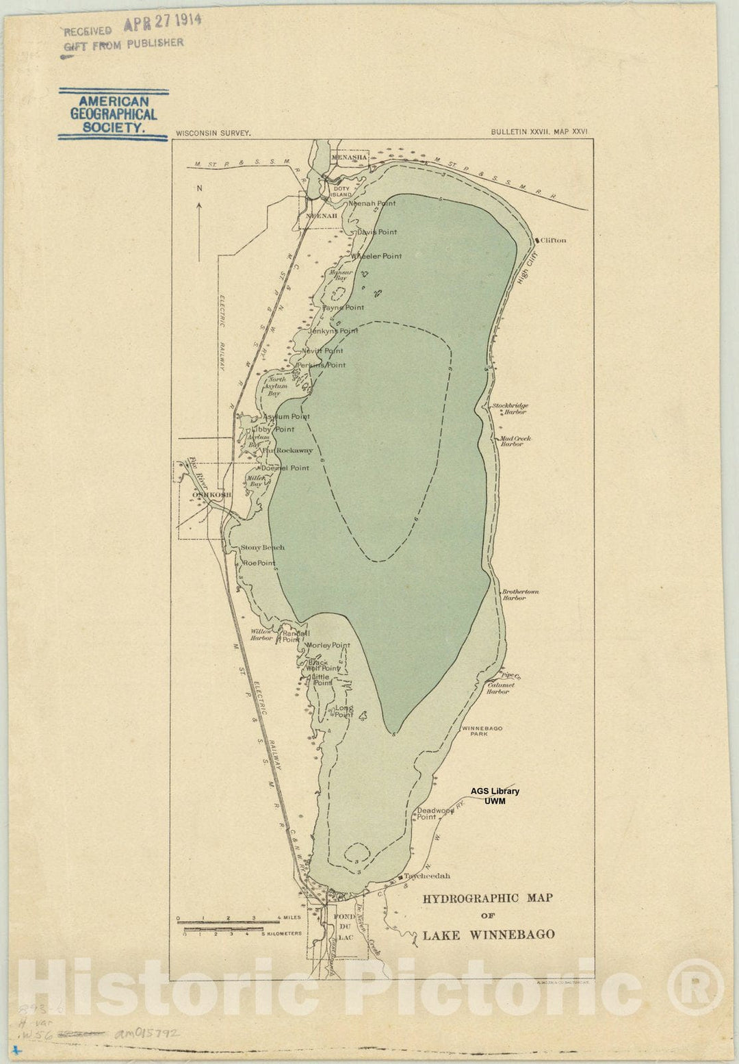 Map : Lake Winnebago, Wisconsin 1914, Hydrographic map of Lake Winnebago , Antique Vintage Reproduction