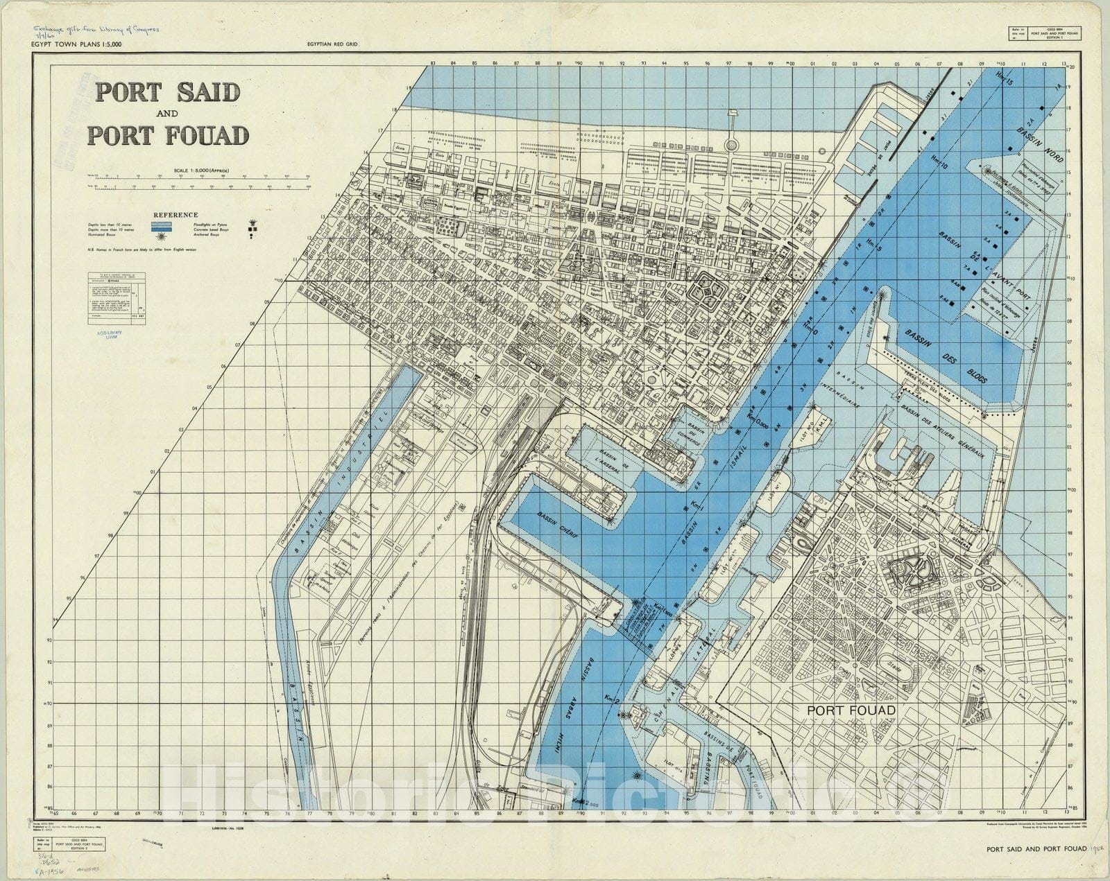 Map : Port Said and Port Fouad, Egypt 1956, Egyptian town plans 1:5,000. Port Said and Port Fouad, Antique Vintage Reproduction