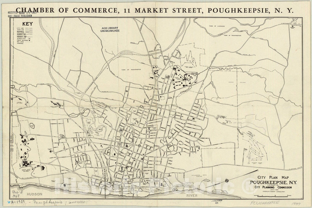 Map : Poughkeepsie, New York 1939, City plan map, Poughkeepsie, N.Y. , Antique Vintage Reproduction