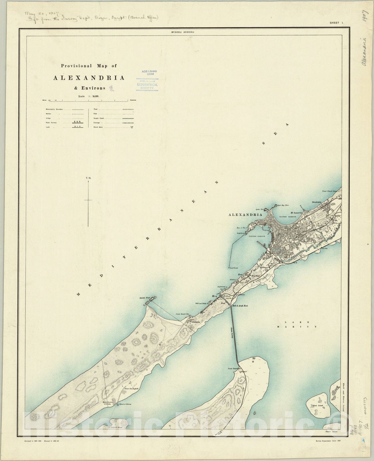 Map : Alexandria, Egypt 1907 2, Provisional map of Alexandria & environs scale 1:50,000 , Antique Vintage Reproduction