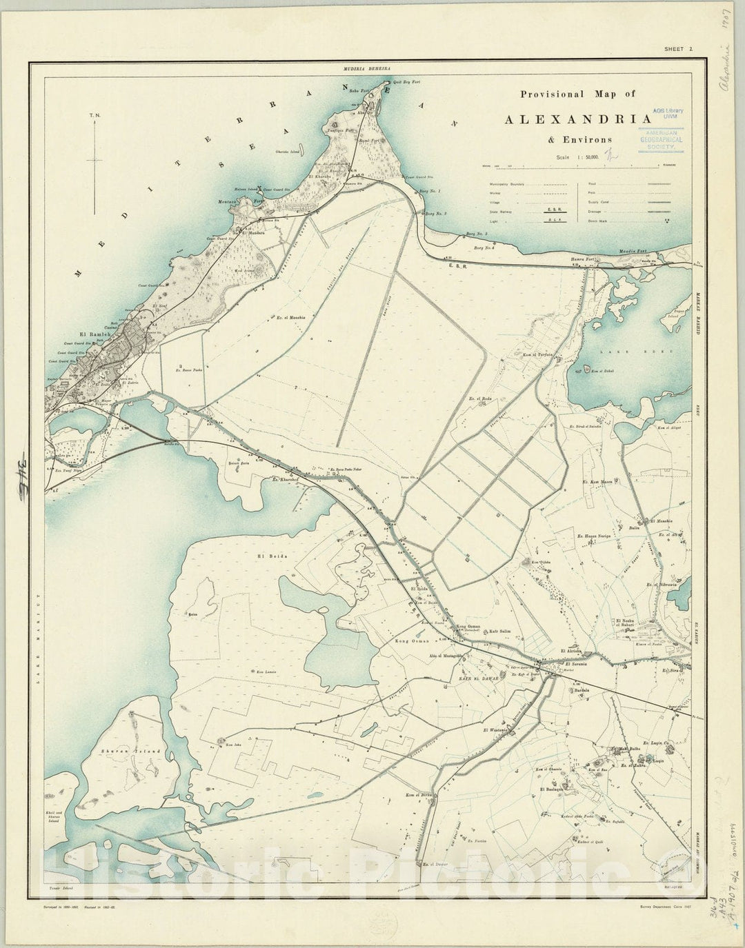 Map : Alexandria, Egypt 1907 1, Provisional map of Alexandria & environs scale 1:50,000 , Antique Vintage Reproduction