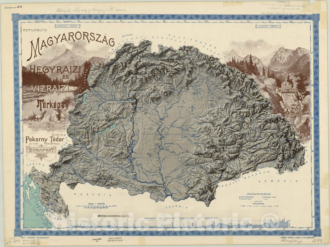 Map : Hungary 1889, Magyarorszag hegyrajzi es vizrajzi terkepe , Antique Vintage Reproduction