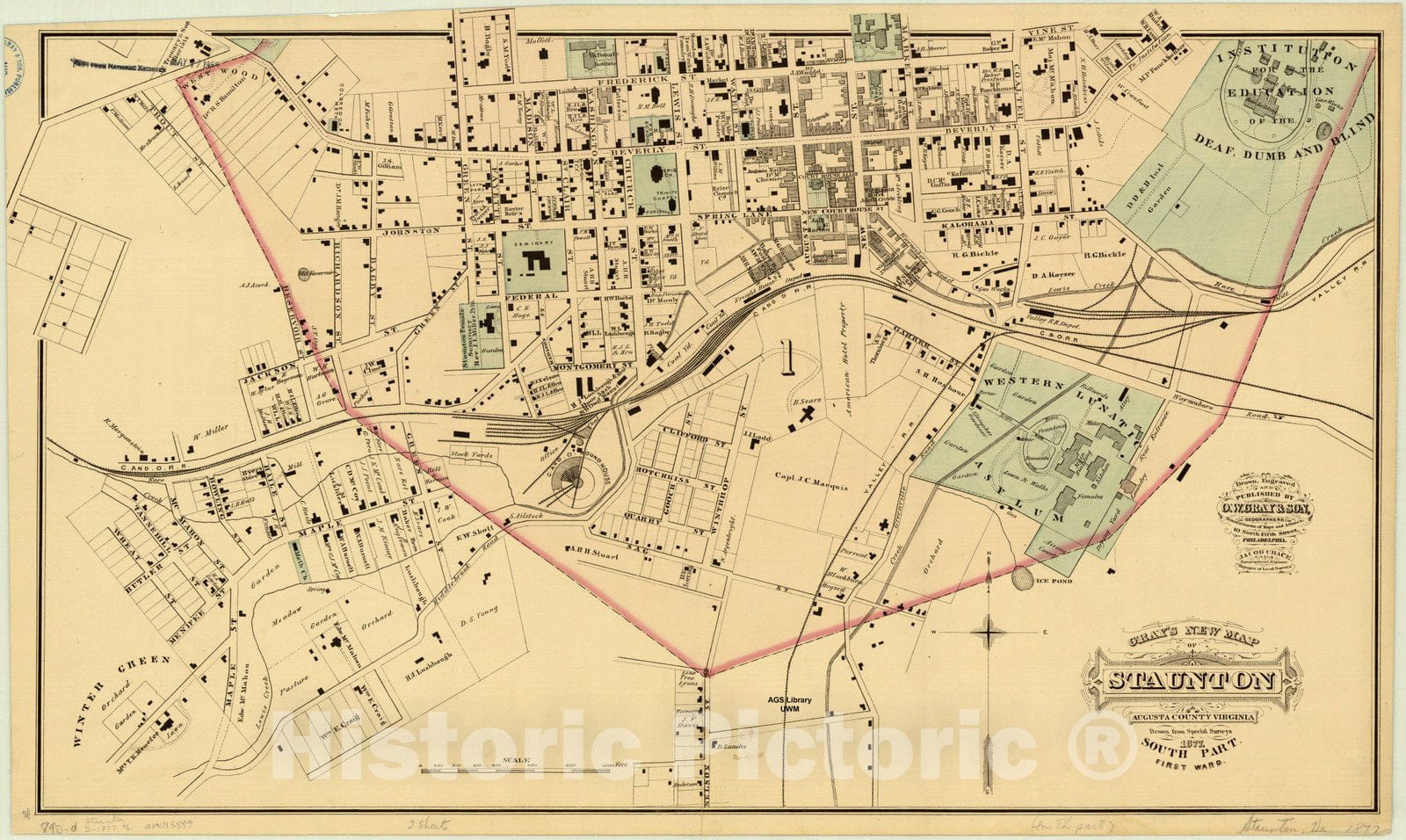 Map : Staunton, Augusta County Virginia 1877, Gray's new map of Staunton, Augusta County, Virginia South part, first ward , Antique Vintage Reproduction