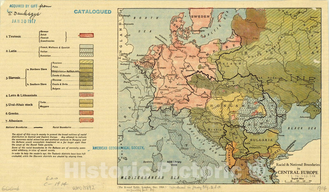 Map : Central Europe 1914, Racial & national boundaries in Central Europe, Antique Vintage Reproduction