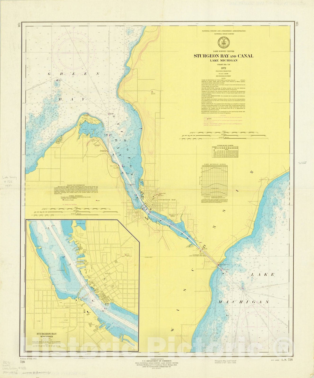 Map : Sturgeon Bay, Wisconsin 1972 1, Sturgeon Bay and canal, Lake Michigan : chart no. 728 , Antique Vintage Reproduction