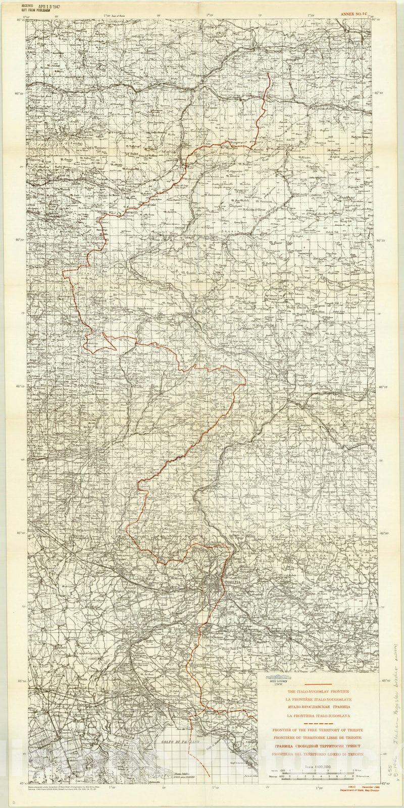 Map : Trieste, Italy 1946, The Italo-Yugoslav frontier Frontier of the free territory of Trieste , Antique Vintage Reproduction