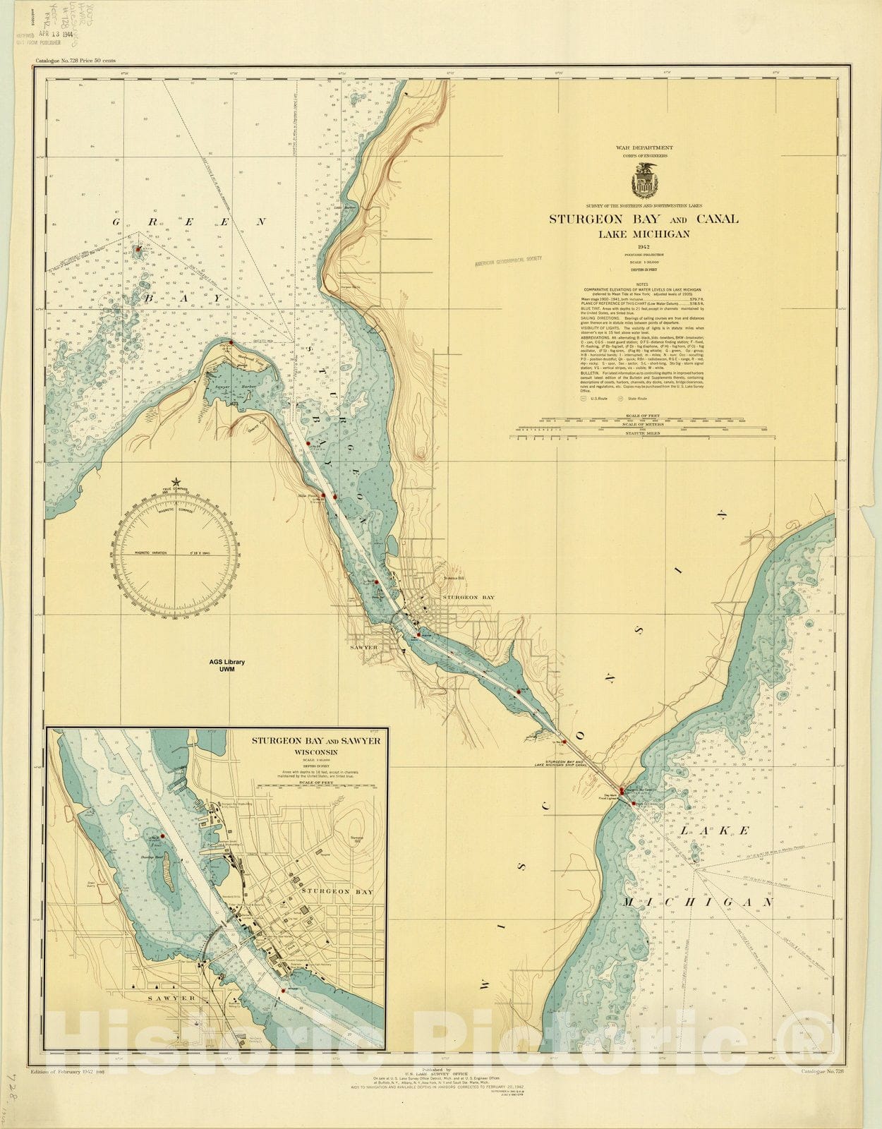 Map : Sturgeon Bay, Wisconsin 1942, Sturgeon Bay and canal, Lake Michigan : chart no. 728 , Antique Vintage Reproduction