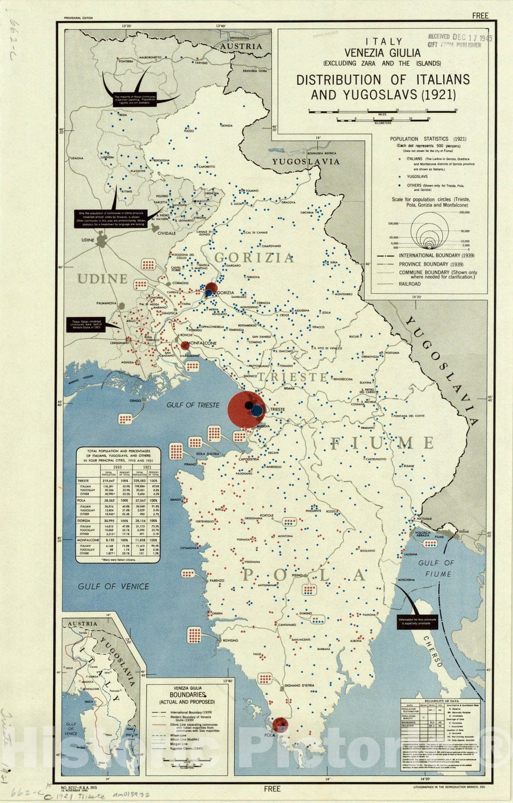 Map : Friuli-Venezia Giulia, Italy 1921 1945, Italy, Venezia Giulia (excluding Zara and the islands) : distribution of Italians and Yugoslavs (1921)