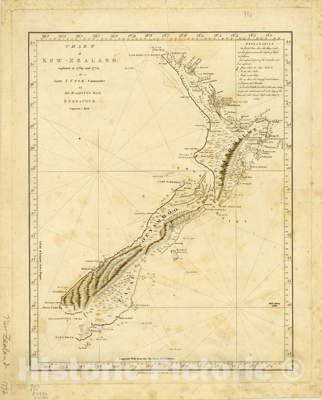 Map : New Zealand 1772, Chart of New Zealand explored in 1769 and 1770 by Lieut. I. Cook Commander of His Majesty's bark Endeavour , Antique Vintage Reproduction