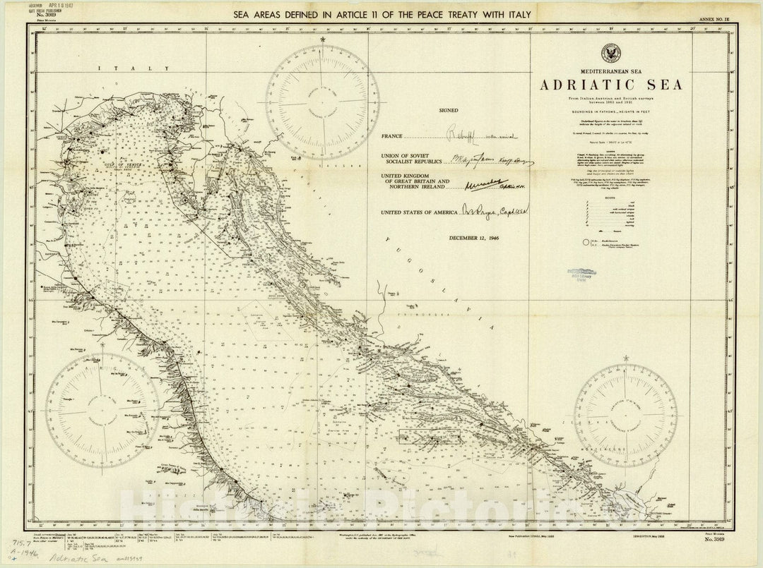 Map : Adriatic Sea 1946, Sea areas defined in Article 11 of the peace treaty with Italy : [northern Adriatic Sea], Antique Vintage Reproduction