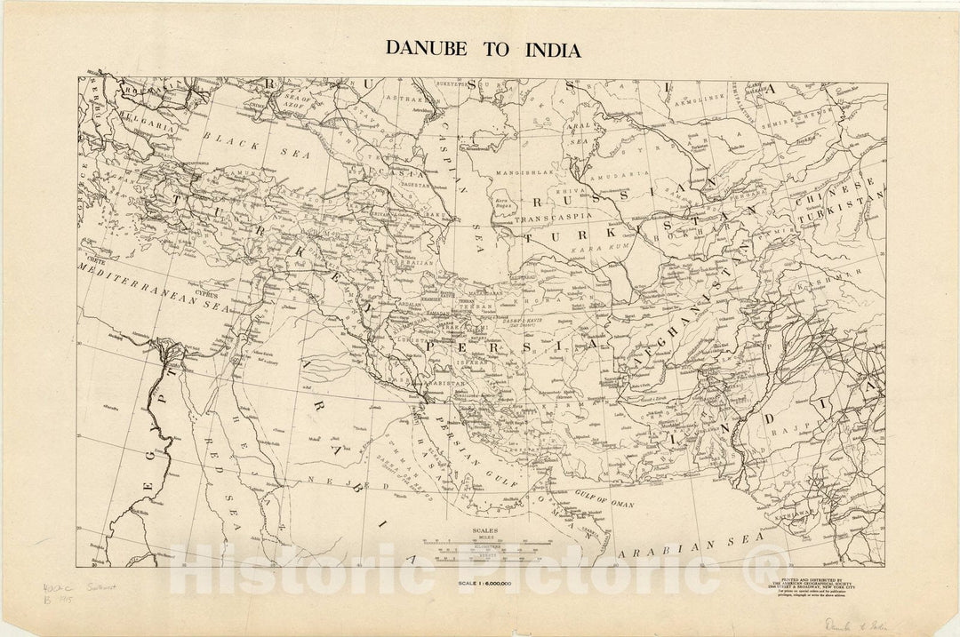 Map : Southwest Asia 1915, Danube to India , Antique Vintage Reproduction