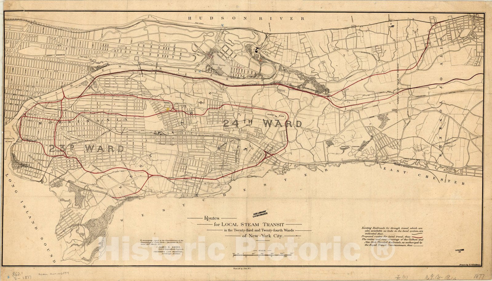 Map : New York City, New York 1877, Routes for local steam transit in the Twenty-third and Twenty-forth Wards of New York City , Antique Vintage Reproduction