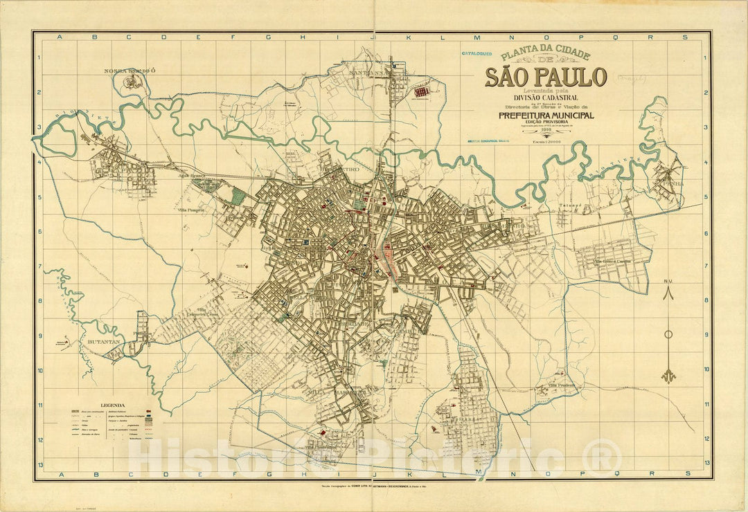 Map : Sa?o Paulo, Brazil 1916, Planta da Cidade de Sa?o Paulo , Antique Vintage Reproduction