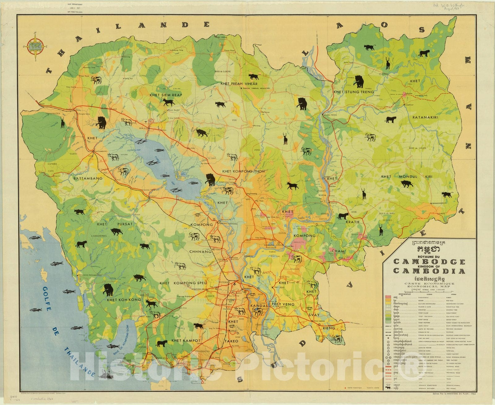 Map : Cambodia 1964, Royaume du Cambodge, carte economique, Kingdom of Cambodia economical map, Antique Vintage Reproduction