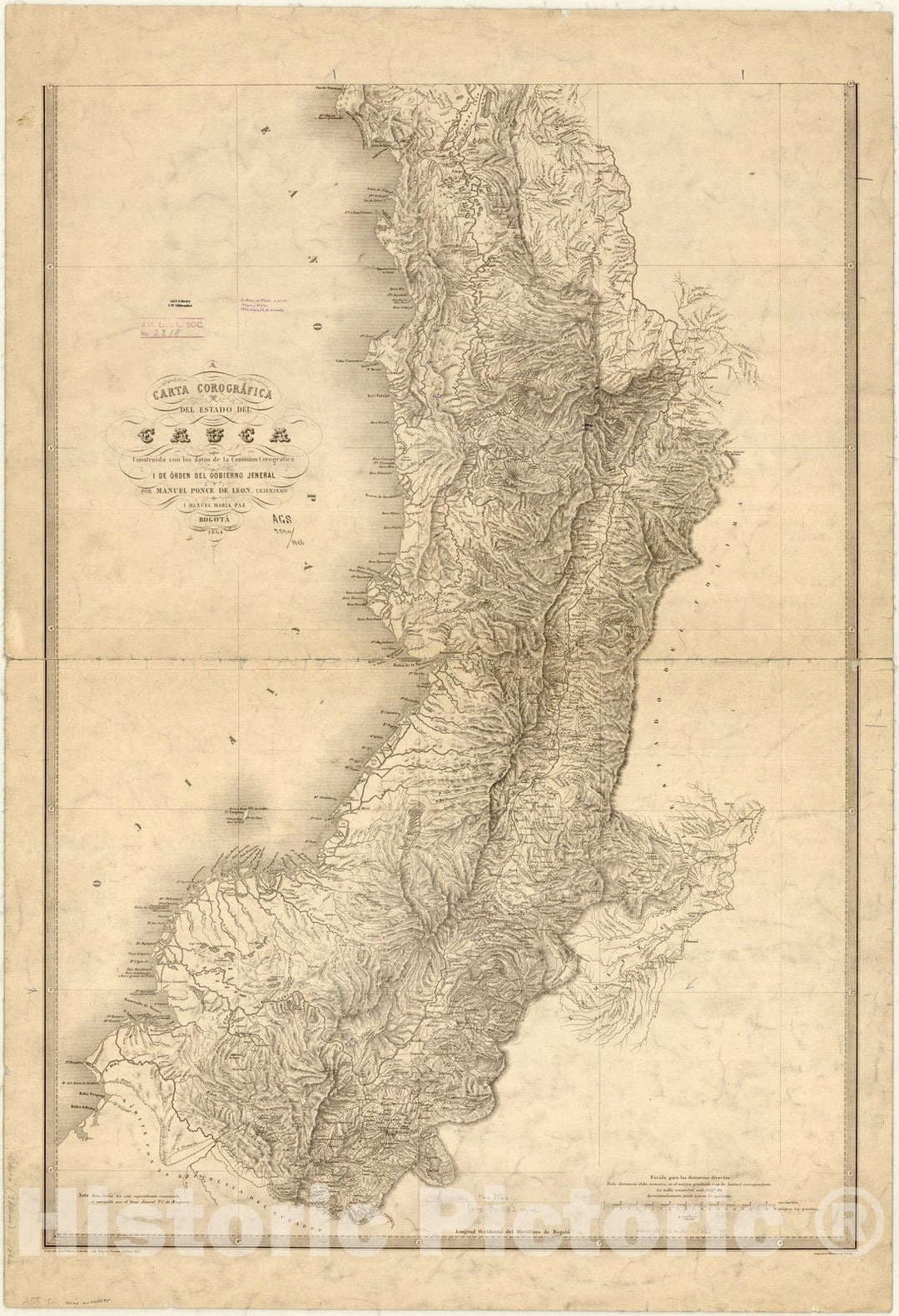 Map : Cauca, Colombia 1865, Carta Corografica del estado del Cauca , Antique Vintage Reproduction