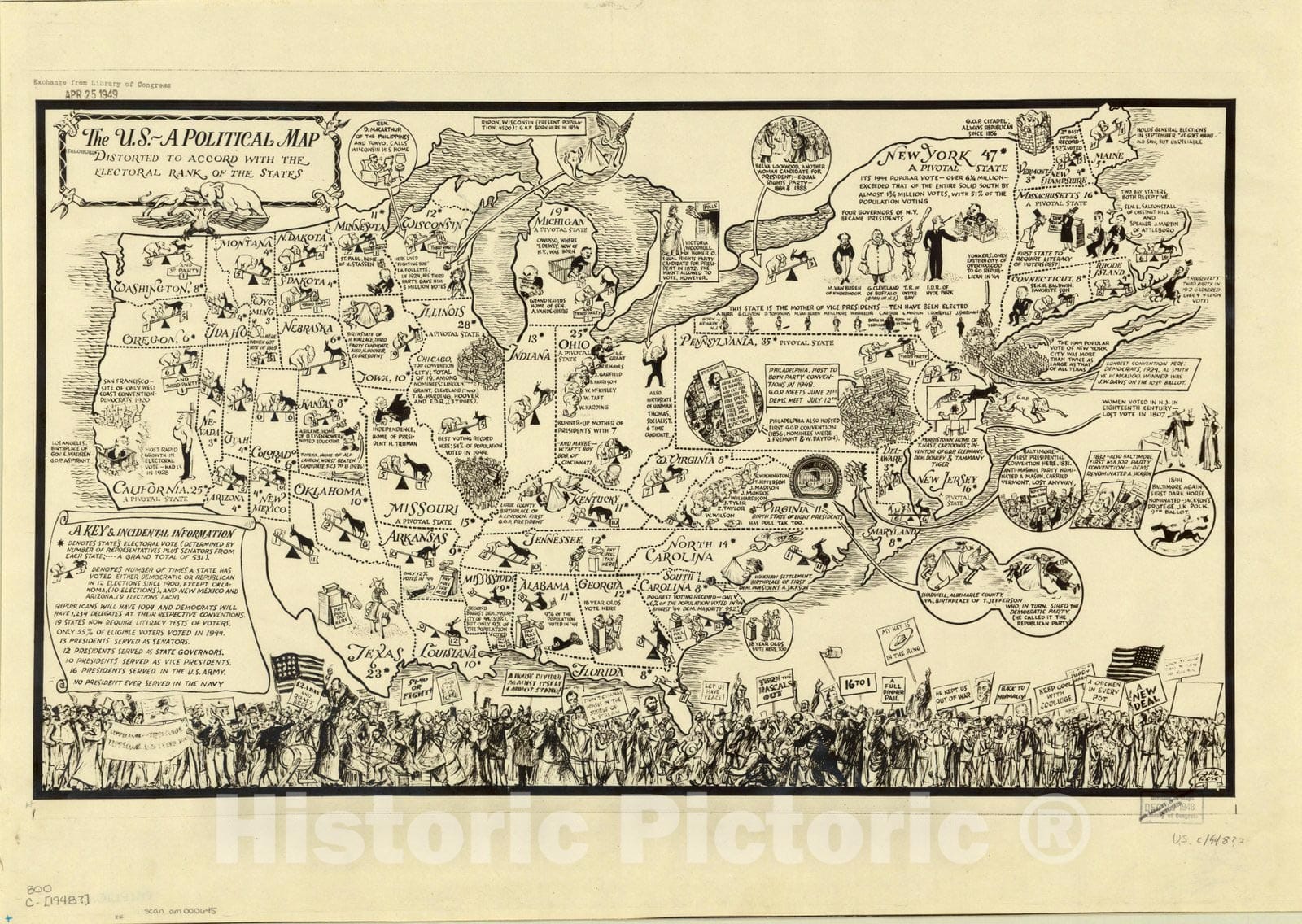 Map : United States 1948 2, The U.S. -- a political map ; distorted to accord with the electoral rank of the states , Antique Vintage Reproduction