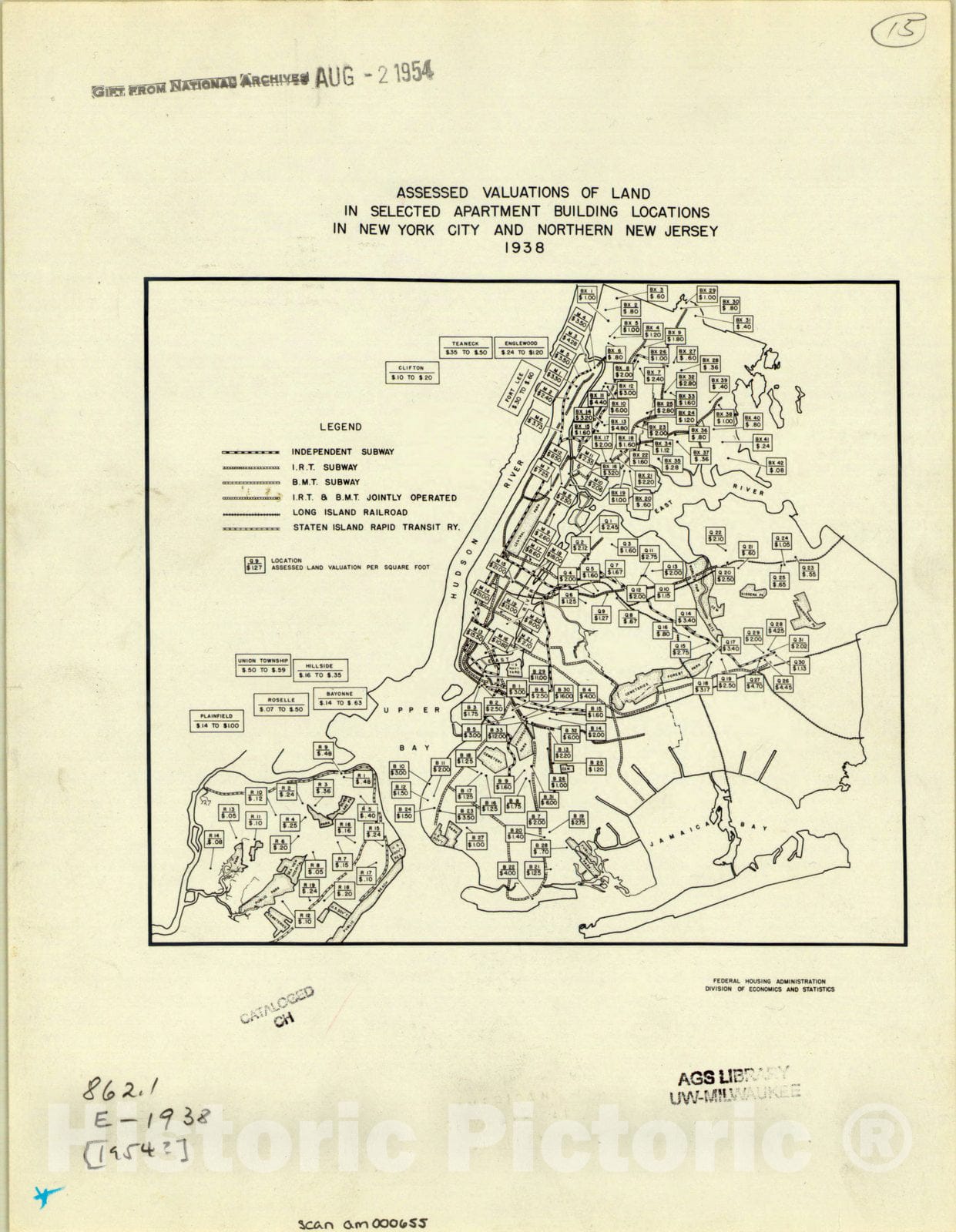 Map : New York 1954, Assessed valuations of land in selected apartment building locations in New York City and northern New Jersey, 1938 , Antique Vintage Reproduction