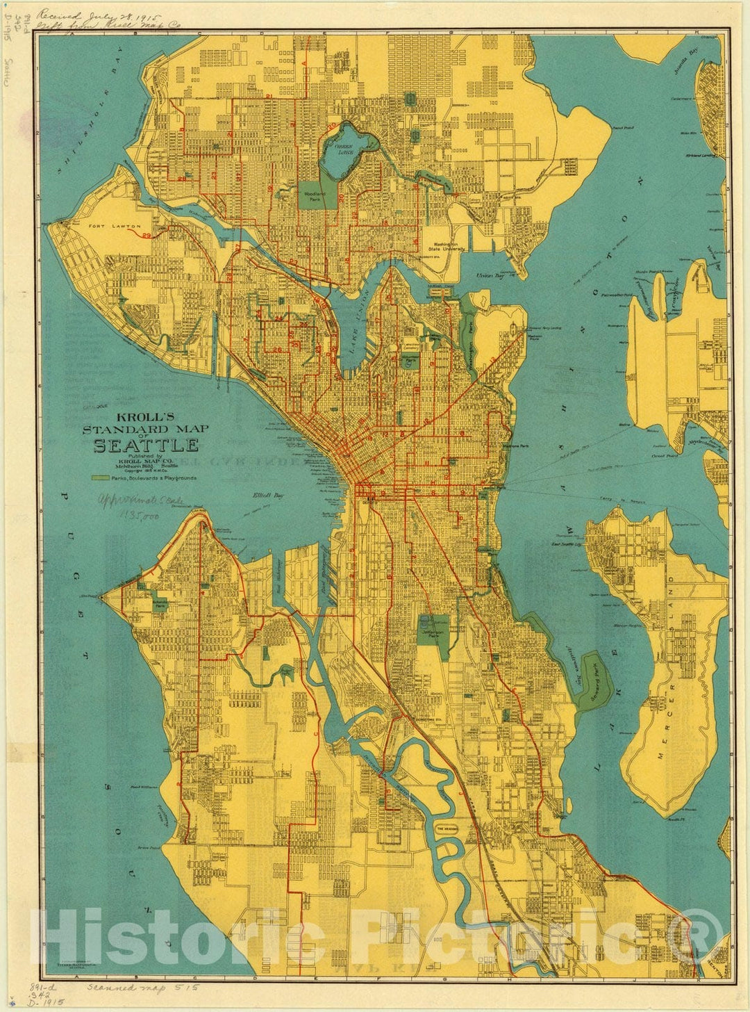 Map : Seattle, Washington 1915, Kroll's standard map of Seattle, Antique Vintage Reproduction