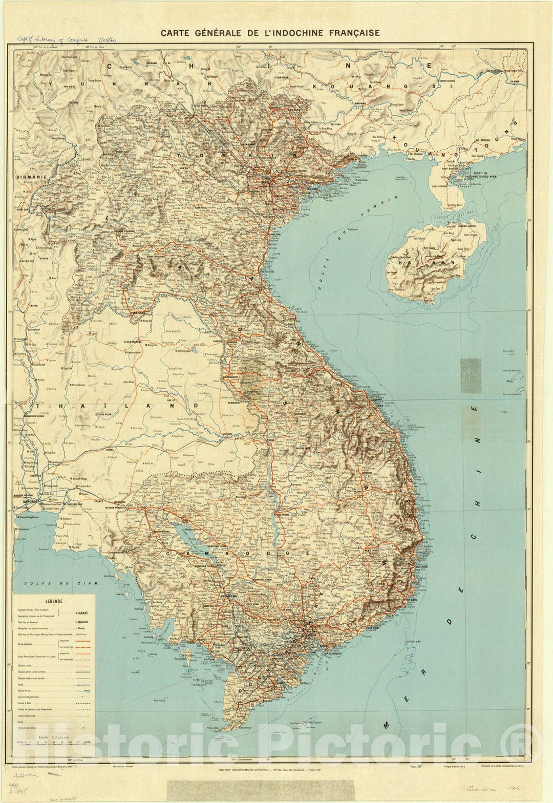 Map : Indochina 1945, Carte generale de l'Indochine Franc?aise, Antique Vintage Reproduction