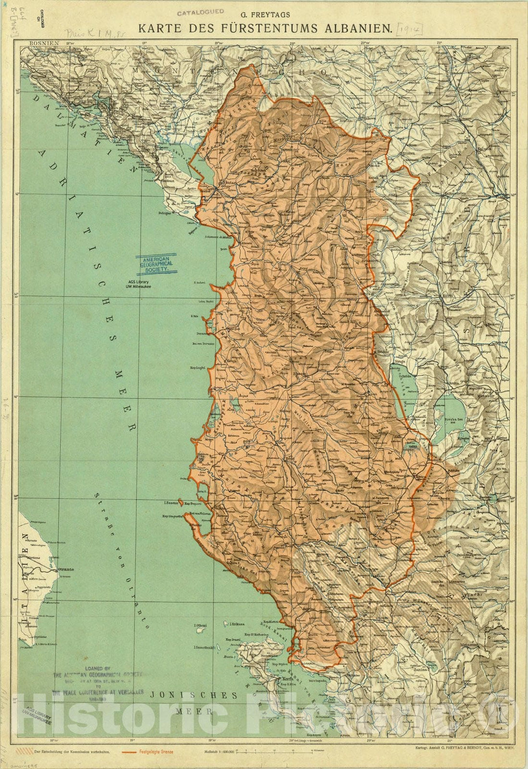 Map : Albania 1914, G. Freytag's Karte des Furstentums Albanien , Antique Vintage Reproduction