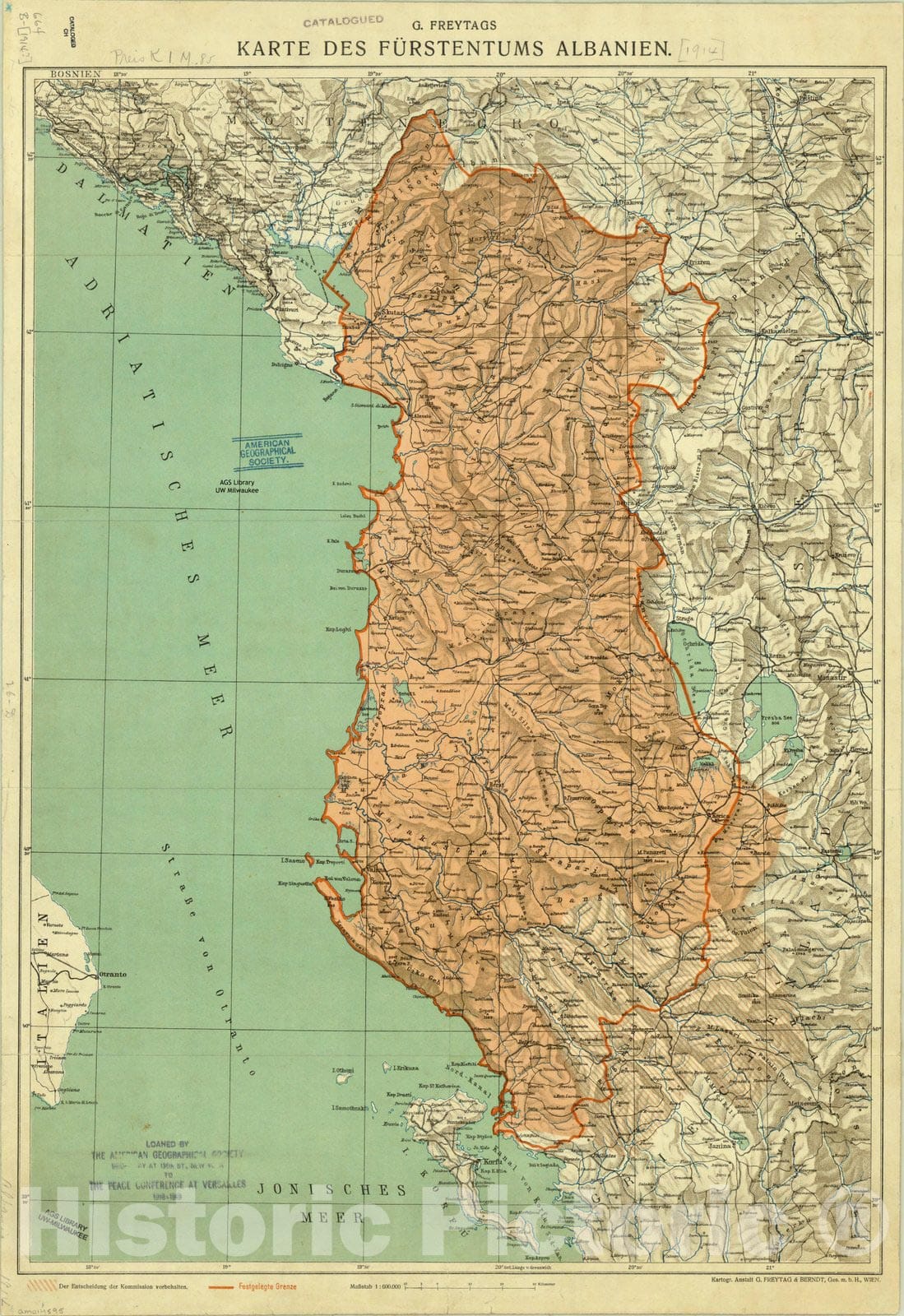 Map : Albania 1914, G. Freytag's Karte des Furstentums Albanien , Antique Vintage Reproduction