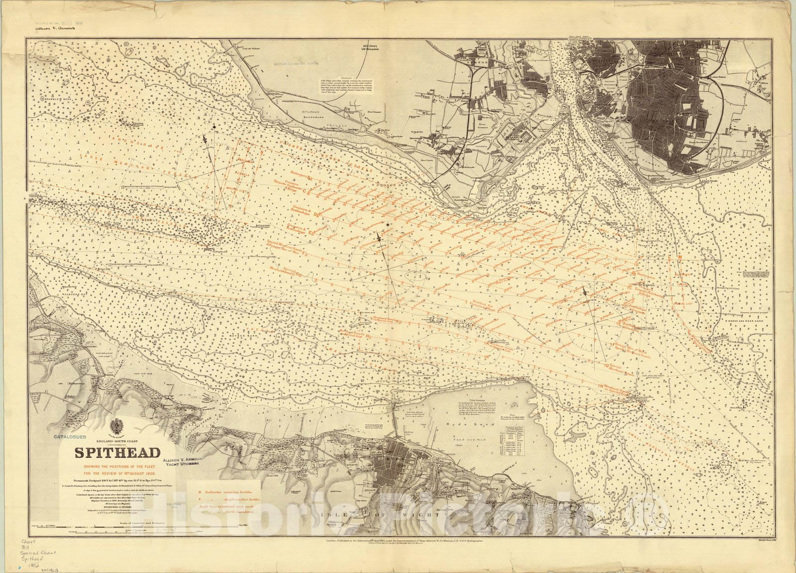 Historic Map : Spithead Channel, England 1902, England-south coast, Spithead : showing the positions of the fleet for the review of 16th August 1902 , Antique Vintage Reproduction