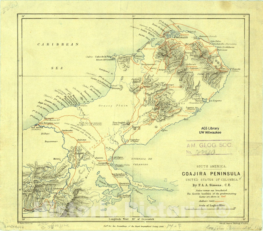 Map : Goajira Peninsula, Colombia 1885, South America, Goajira Peninsula, United States of Colombia , Antique Vintage Reproduction