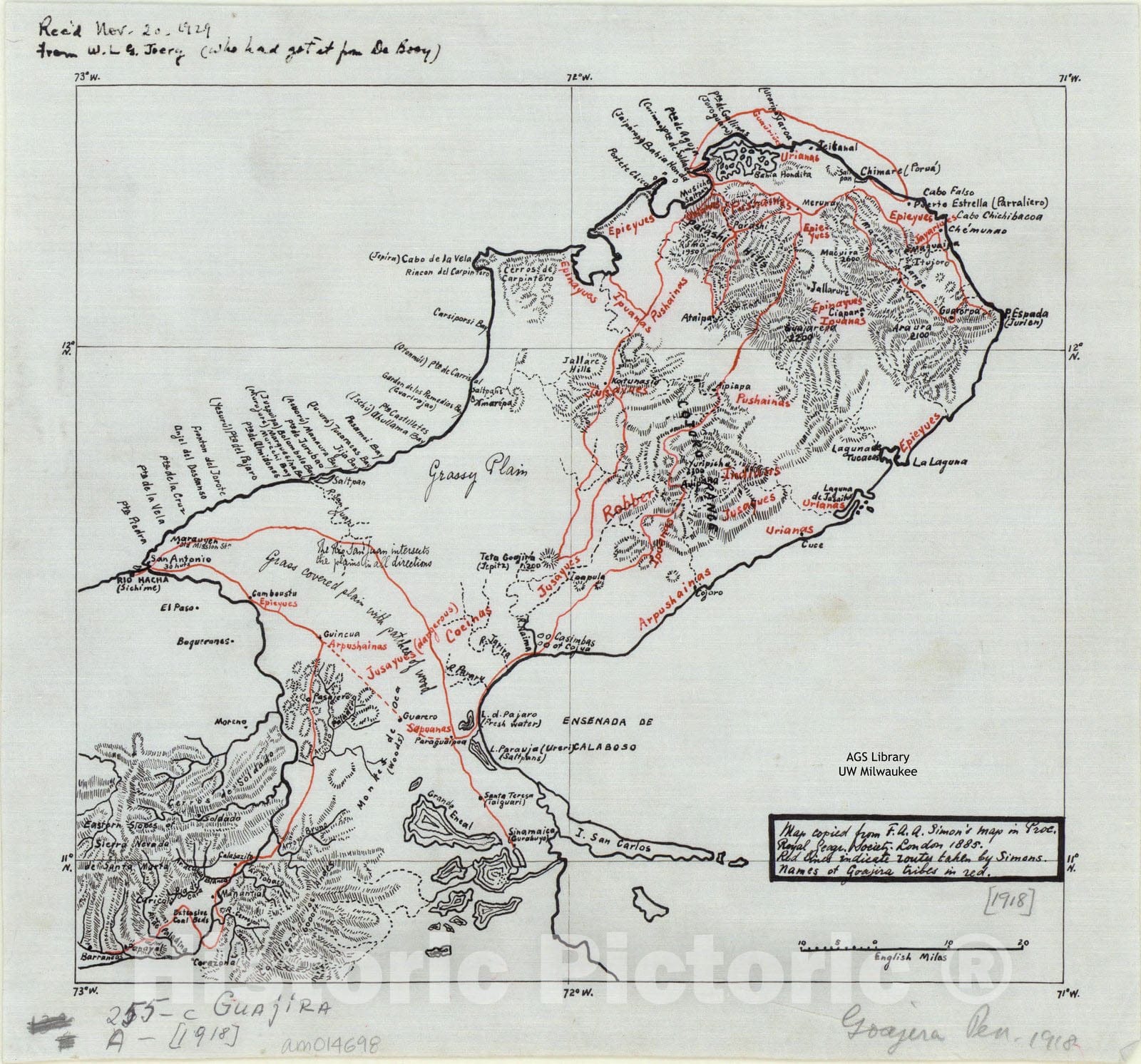 Map : Guajira, Colombia 1918, [Map of Guajira, Colombia showing routes taken by Simons and ribes in red], Antique Vintage Reproduction