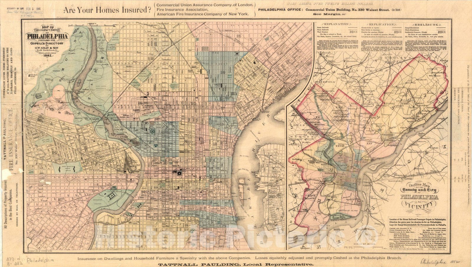 Map : Philadelphia (Pennsylvania) 1882, Map of the compact portion of Philadelphia , Antique Vintage Reproduction