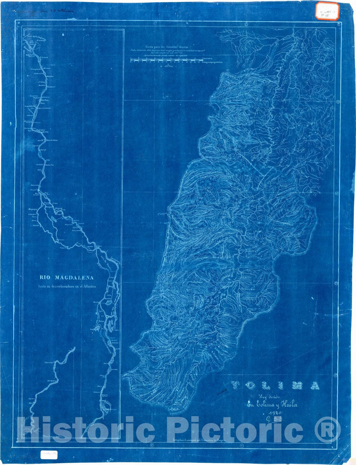 Map : Tolima (Colombia) 1920, Tolima : hoy divido en Tolima y Huila , Antique Vintage Reproduction