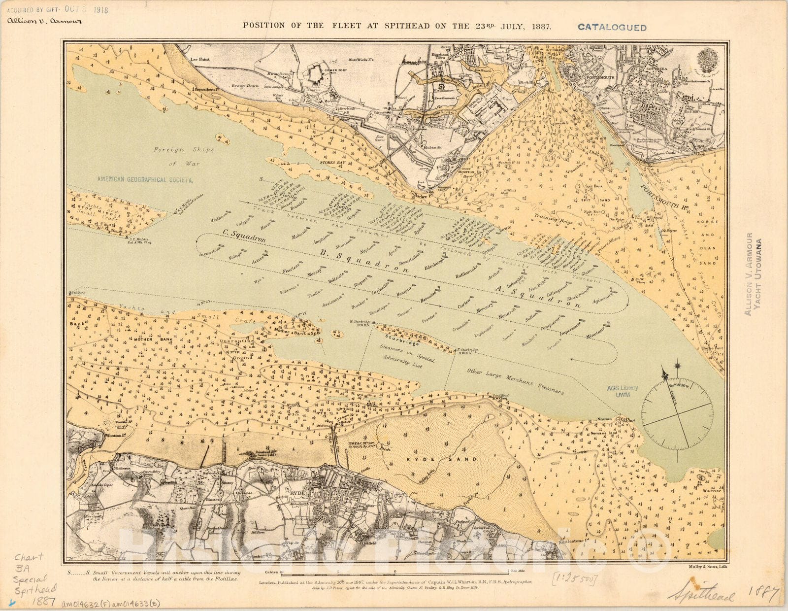 Map : Spithead Channel, England 1887 1, Position of the fleet at Spithead on the 23rd July, 1887 , Antique Vintage Reproduction