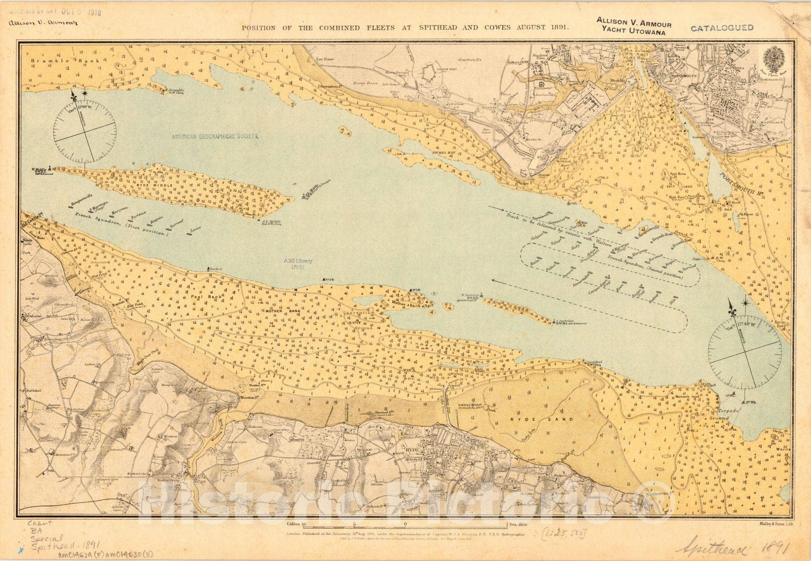 Map : Spithead Channel, England 1891 2, Position of the combined fleets at Spithead and Cowes August 1891 , Antique Vintage Reproduction