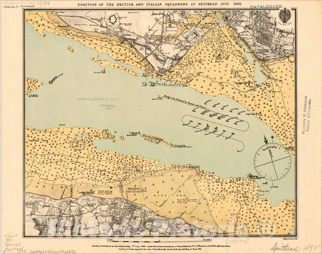 Map : Spithead Channel, England 1895 2, Position of the British and Italian squadrons at Spithead July 1895 , Antique Vintage Reproduction