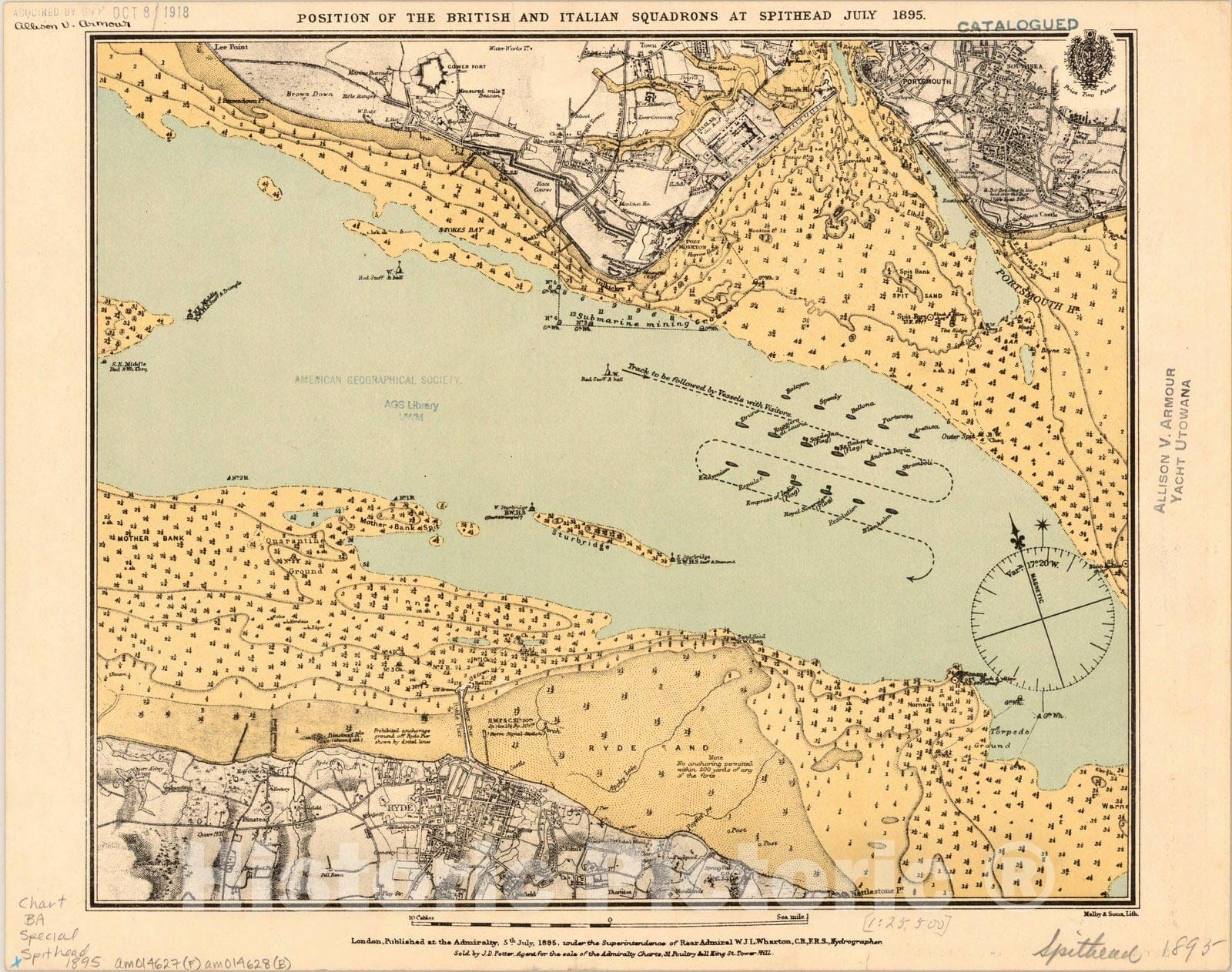 Map : Spithead Channel, England 1895 2, Position of the British and Italian squadrons at Spithead July 1895 , Antique Vintage Reproduction