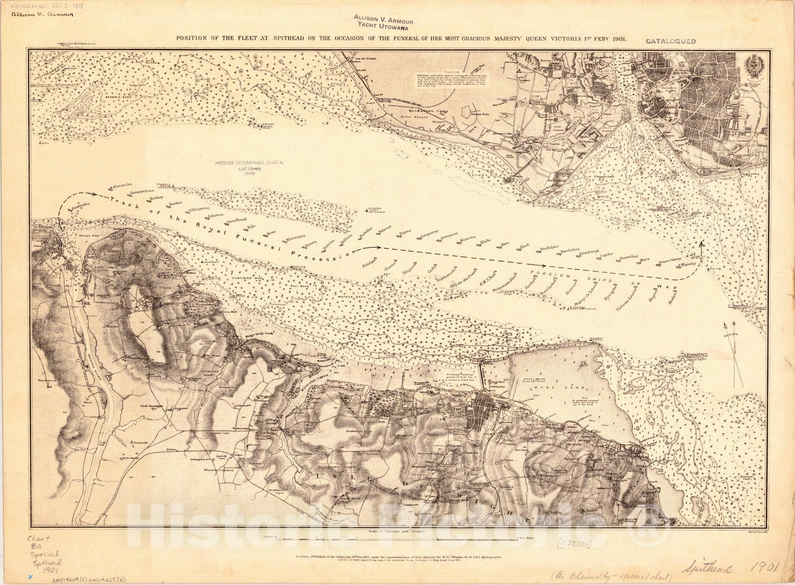 Historic Map : Spithead Channel, England 1901 1, Position of the fleet at Spithead on the occasion of the funeral of Her Most Gracious Majesty Queen Victoria, 1st Feby. 1901