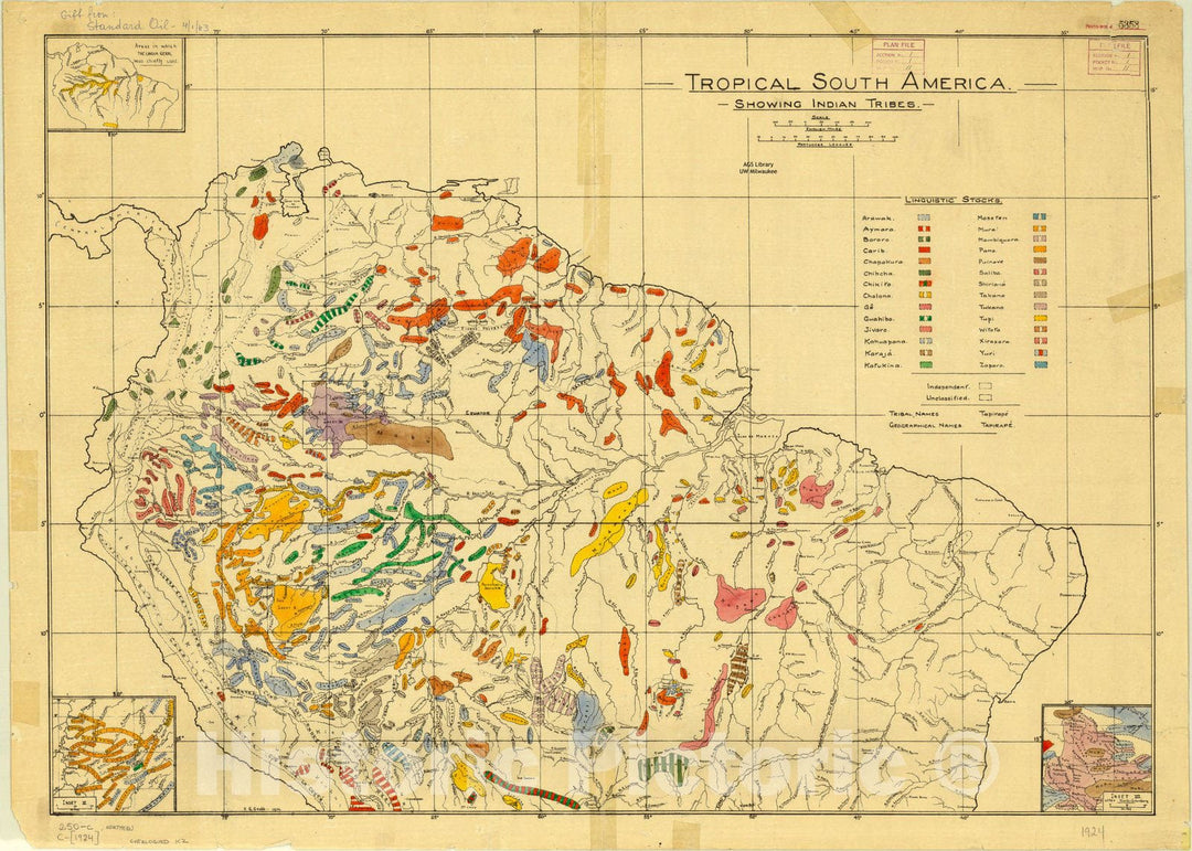 Map : South America 1924, Tropical South America showing Indian tribes, Antique Vintage Reproduction