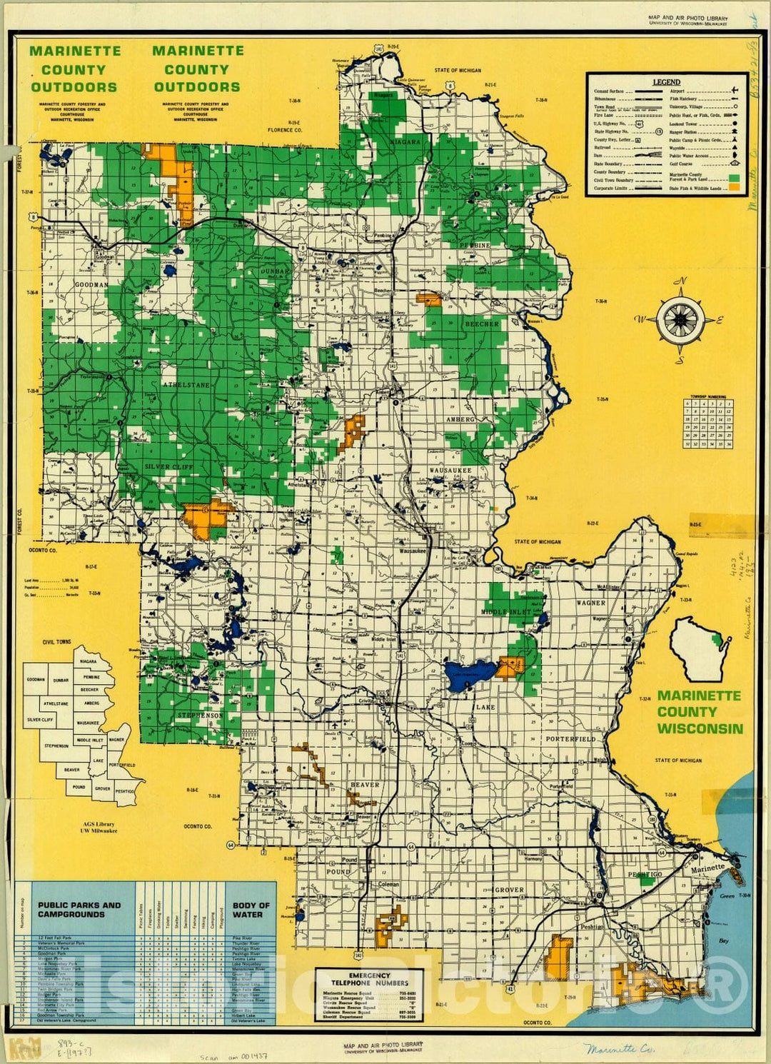 Map : Marinette County, Wisconsin 1968, Marinette County Outdoors , Antique Vintage Reproduction