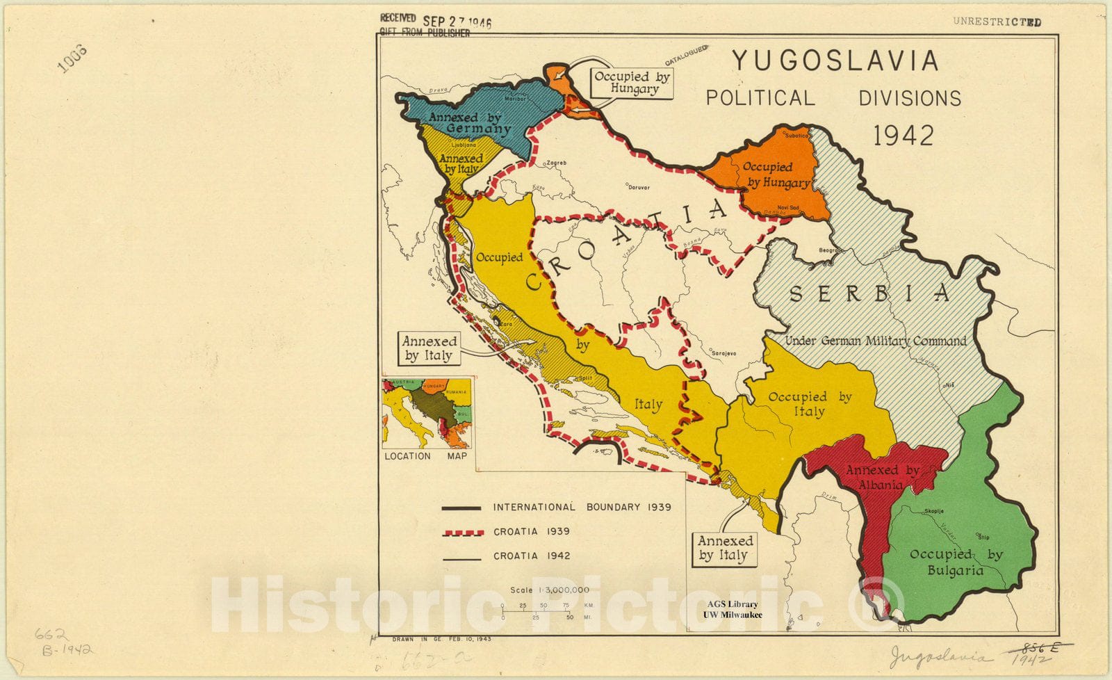 Map : Yugoslavia 1942, Yugoslavia political divisions 1942 , Antique Vintage Reproduction