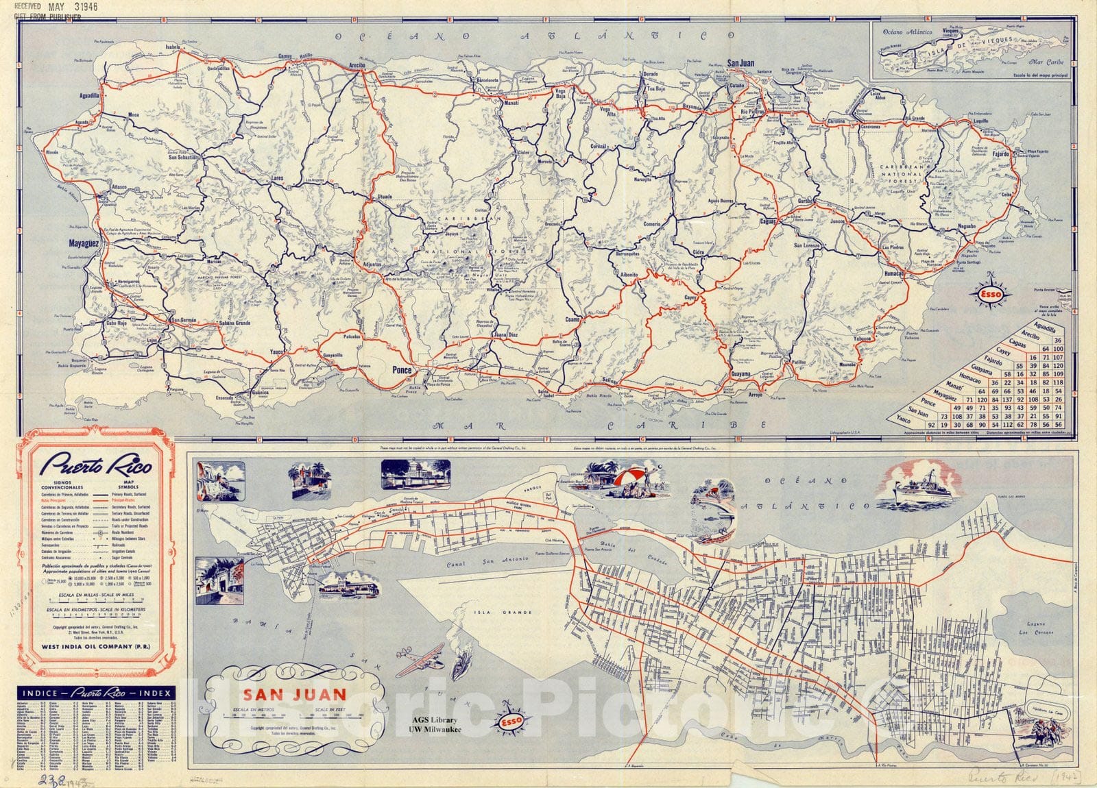 Map : Puerto Rico 1942, Puerto Rico y sus carreteras , Antique Vintage Reproduction